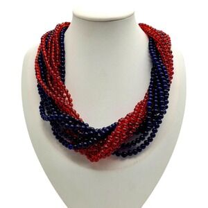 Vintage 90s Monise Beaded Necklace Red Blue Glass Beads Torsade Choker Italian
